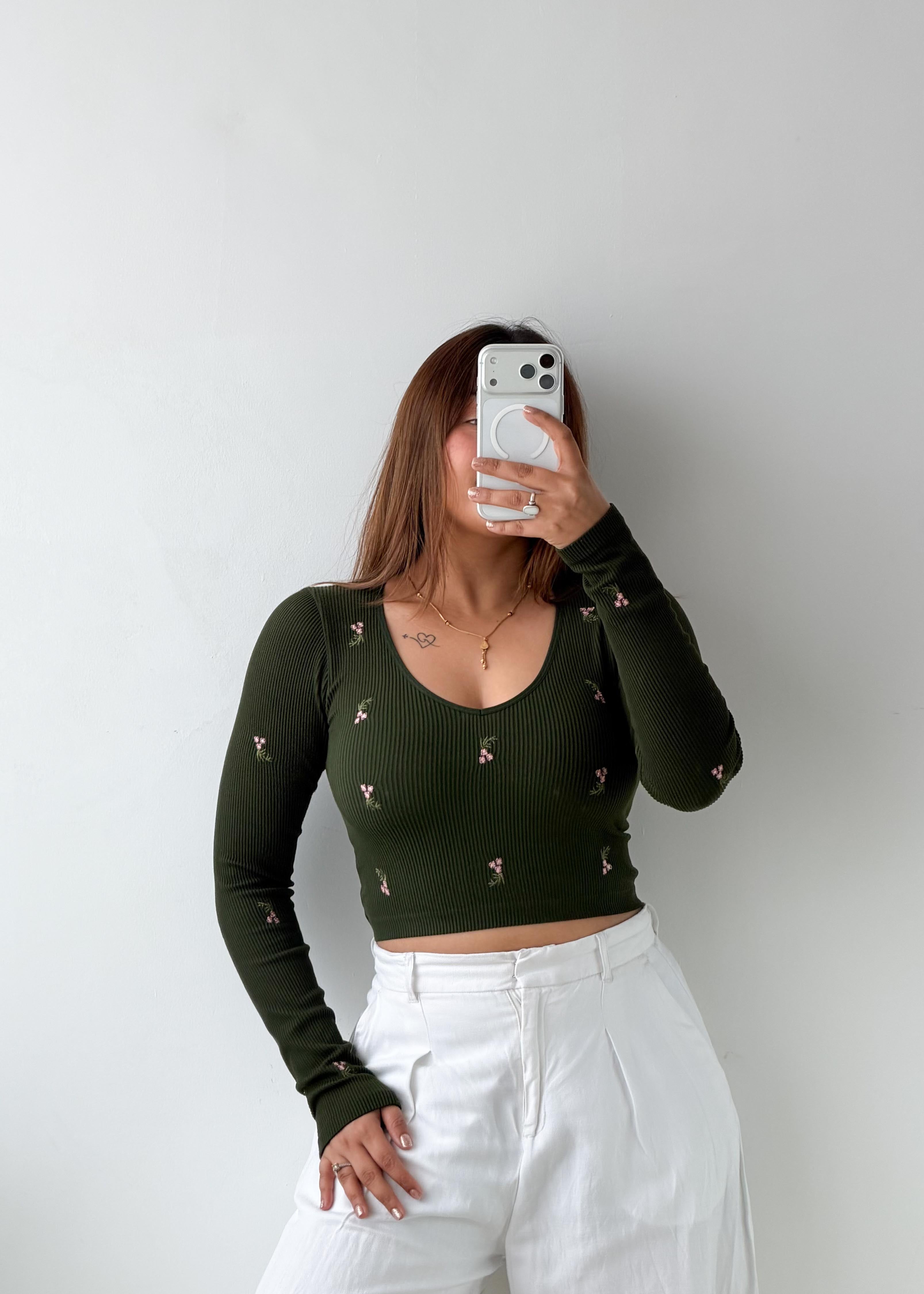Size S-M Olive Embroidered Crop Top
