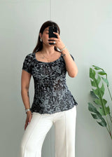 Size XS-S, Y2K Black Floral Sheer Tie-Up Top - Closet by Payal