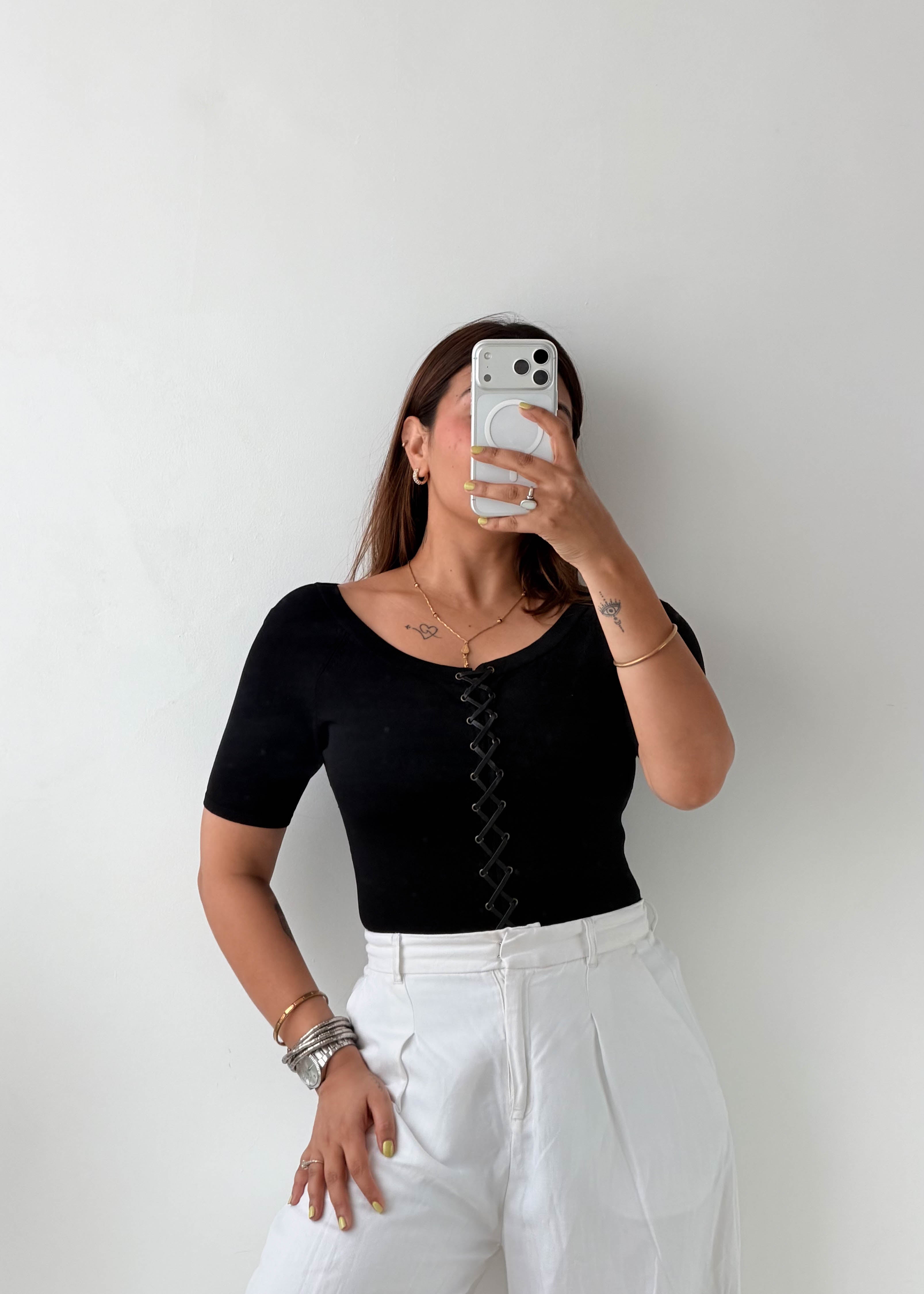 Size S-M Black Lace-Up Ribbed Top