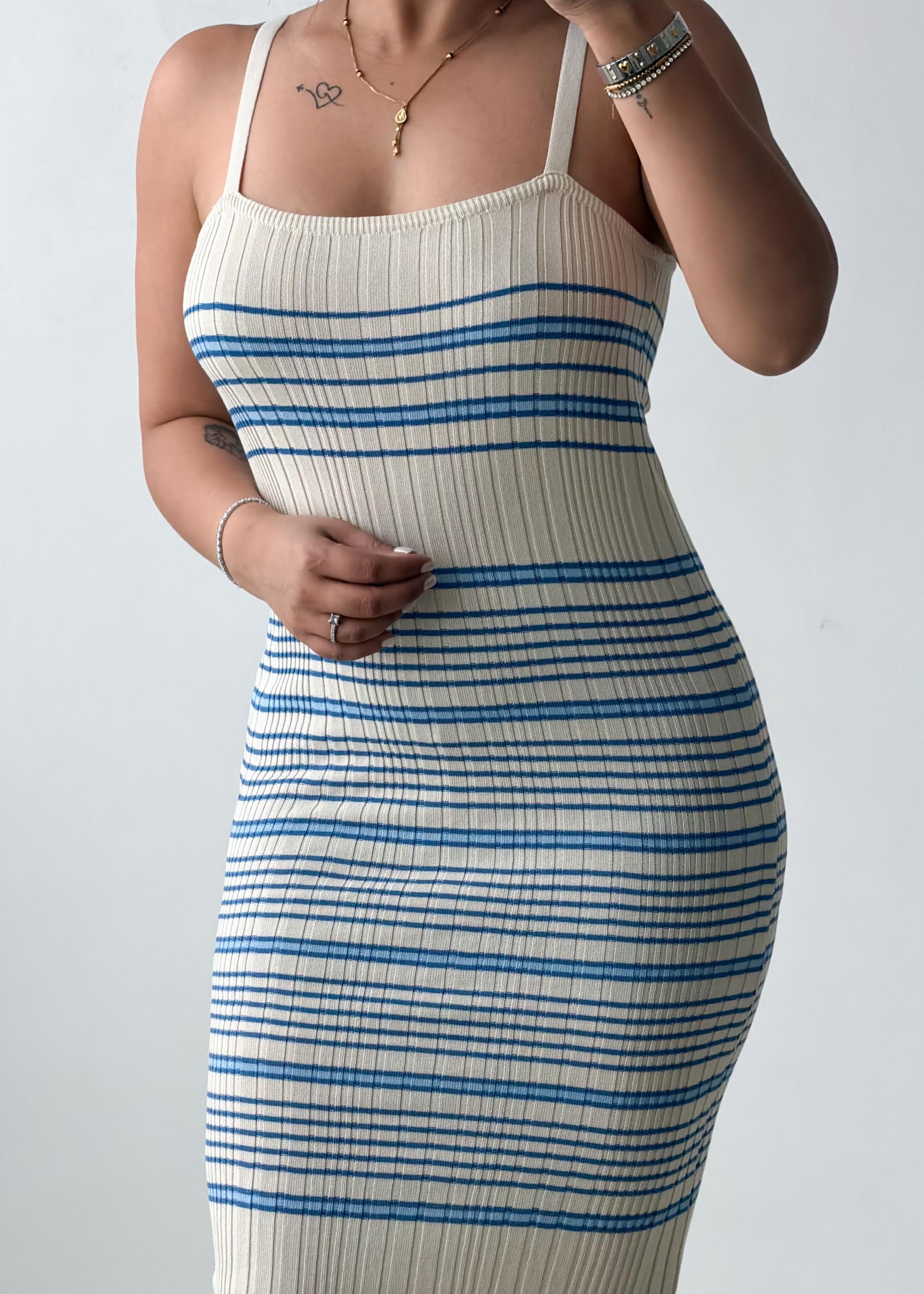 Size S-M White & Blue Striped Ribbed Knit Midi Dress