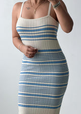 Size S-M White & Blue Striped Ribbed Knit Midi Dress