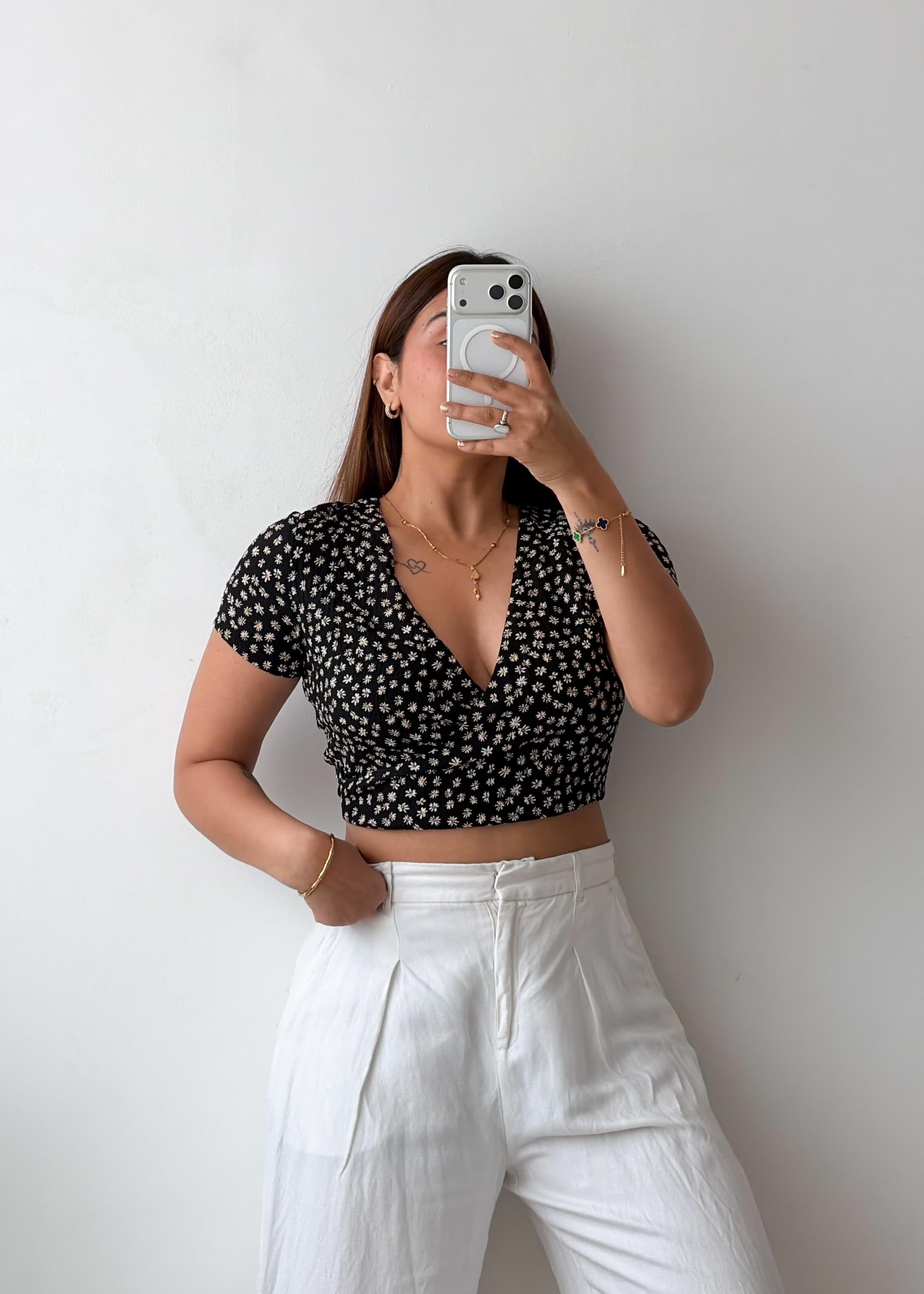 Size S-M Black Floral Wrap Crop Top