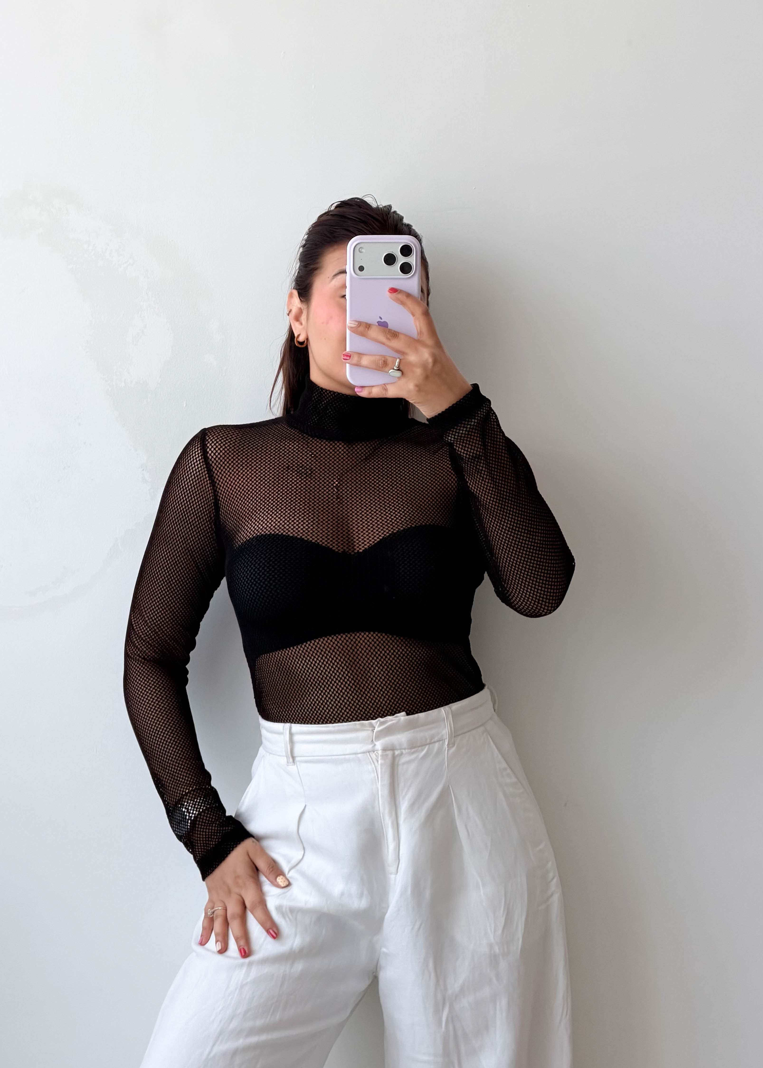 Size S Black Sheer High Neck Bodysuit