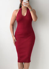 Size S-M Burgundy Ribbed Knit Halter Midi Dress