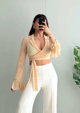 Size M, Beige Sheer Wrap Crop Top for Women - Closet by Payal