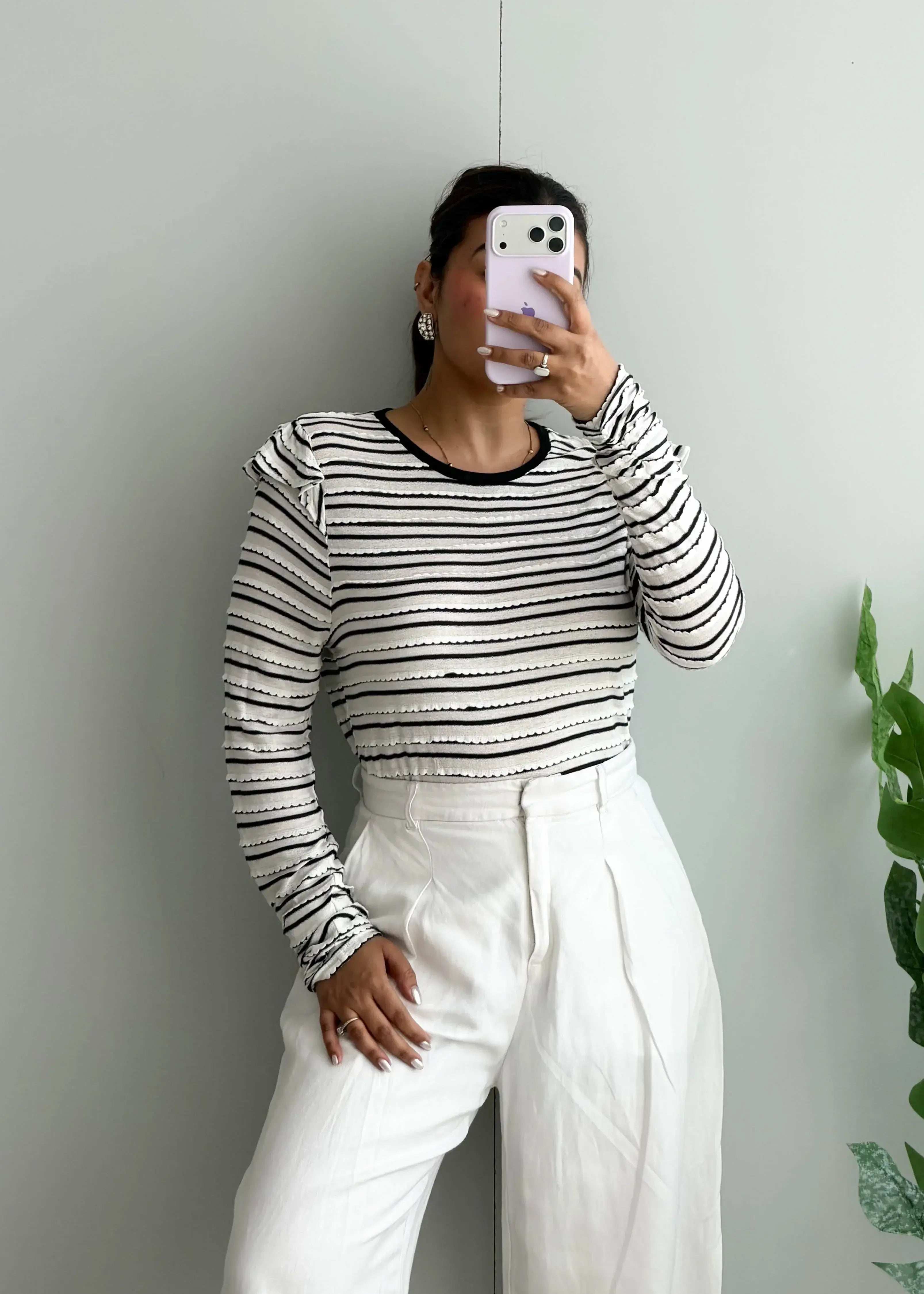 Size L-XL, Black & White Striped Long Sleeve Top - Closet by Payal