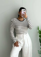 Size L-XL, Black & White Striped Long Sleeve Top - Closet by Payal