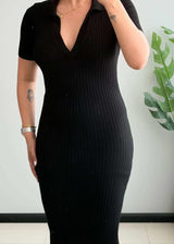 SIZE S-M, Black Ribbed V-Neck Midi Dress - Closet by Payal
