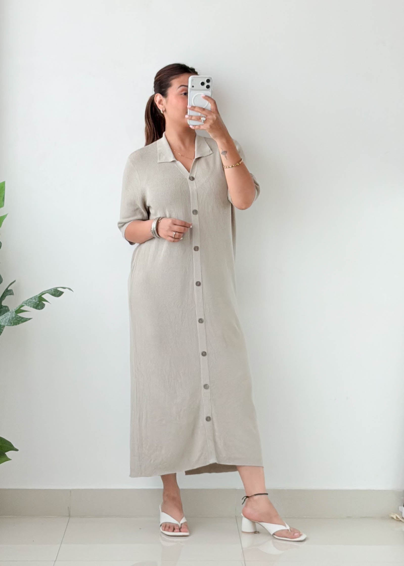 Size L-XL Beige Button-Down Knit Midi Dress