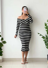 Size S-M, Black & White Off-Shoulder Stripe Midi Dress - Closet by Payal