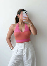 Size XS-S Pink Ribbed Halter Bodysuit
