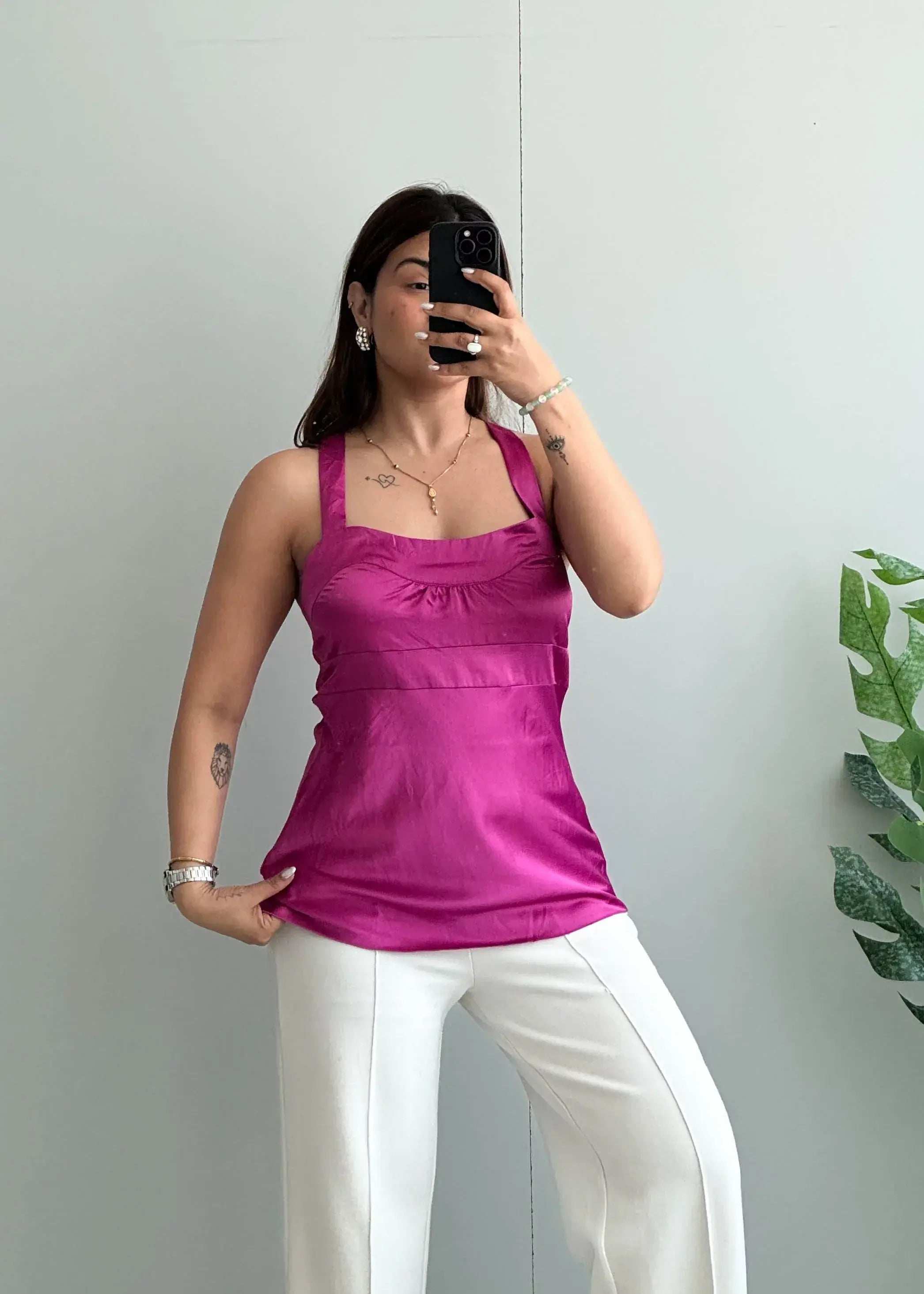 Size M, Fuchsia Satin Halter Neck Top for Women - Closet by Payal