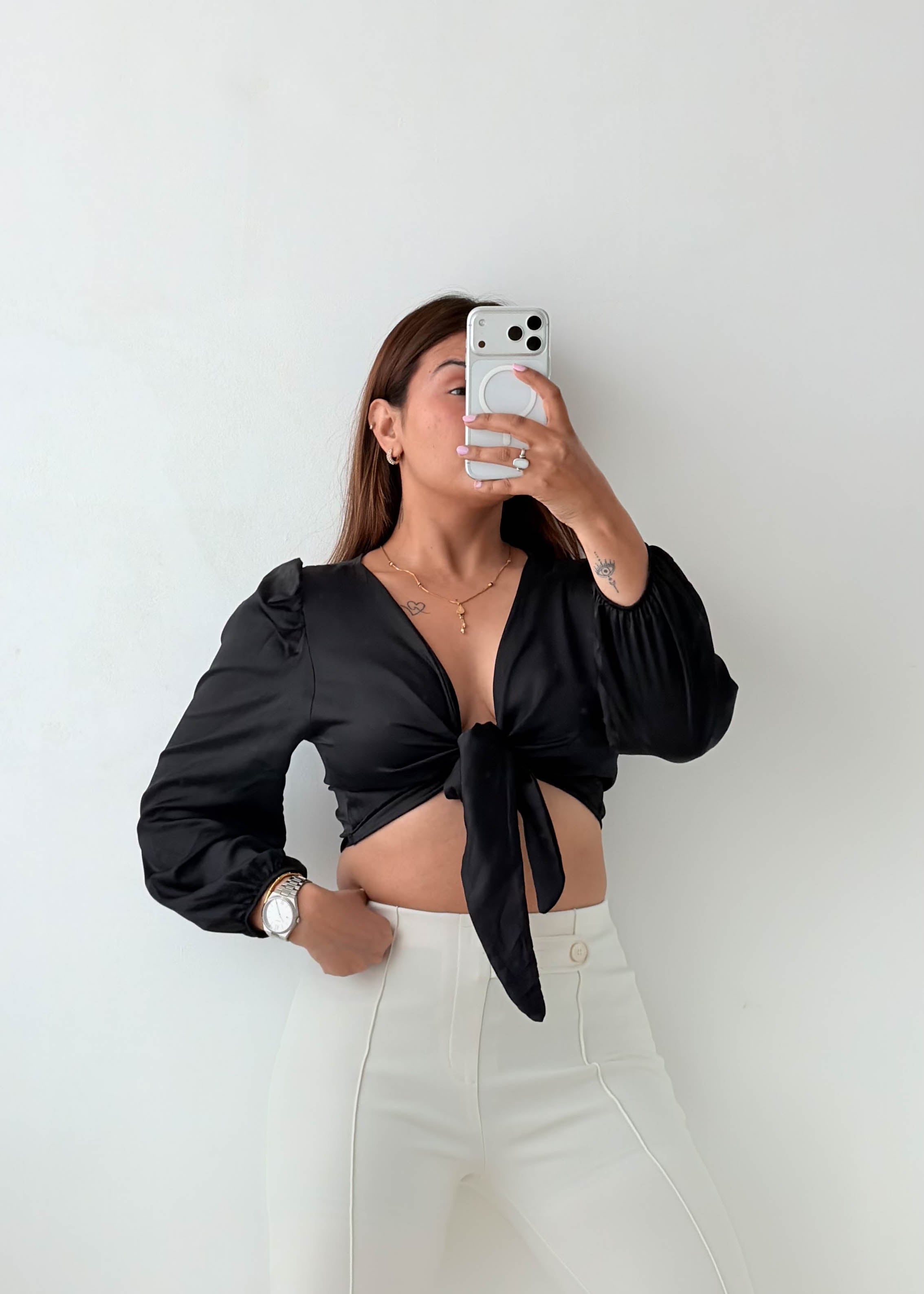 Size XS-S Black Tie-Front Crop Blouse