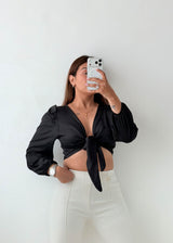 Size XS-S Black Tie-Front Crop Blouse