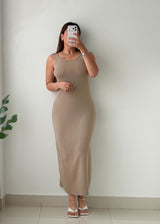 Size M-L Beige Ribbed Knit Maxi Dress
