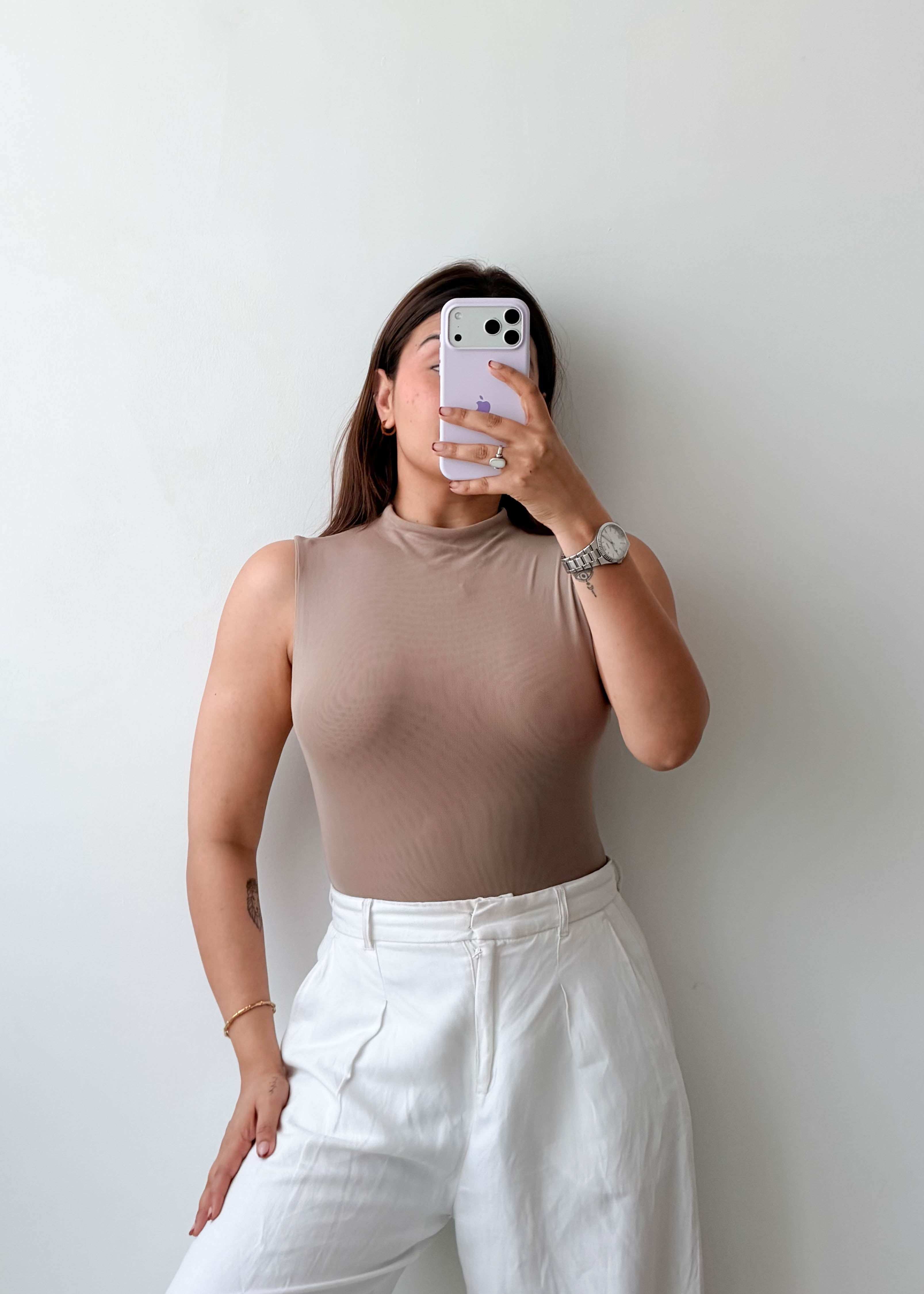 Size S-M Taupe High Neck Ribbed Bodysuit