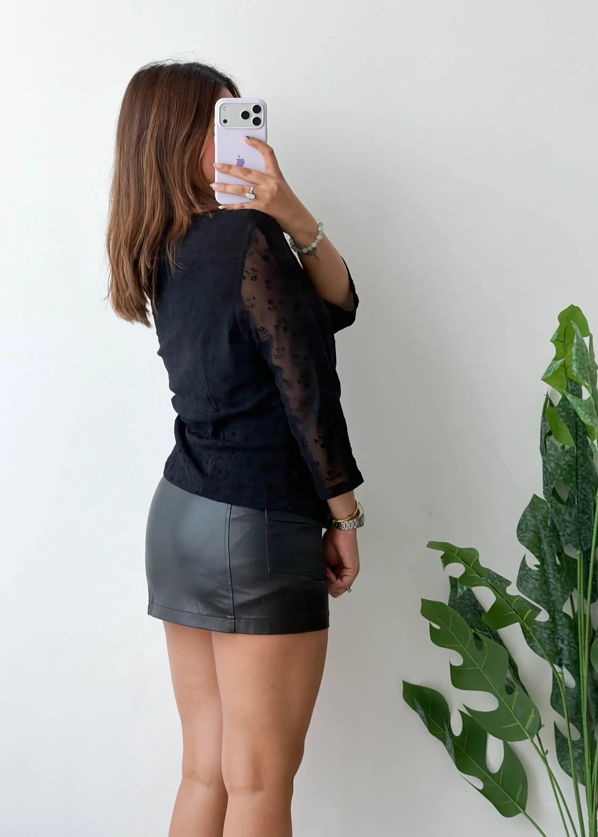 Size M-L, Black Sheer Sleeve Ruched Top