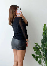 Size M-L, Black Sheer Sleeve Ruched Top