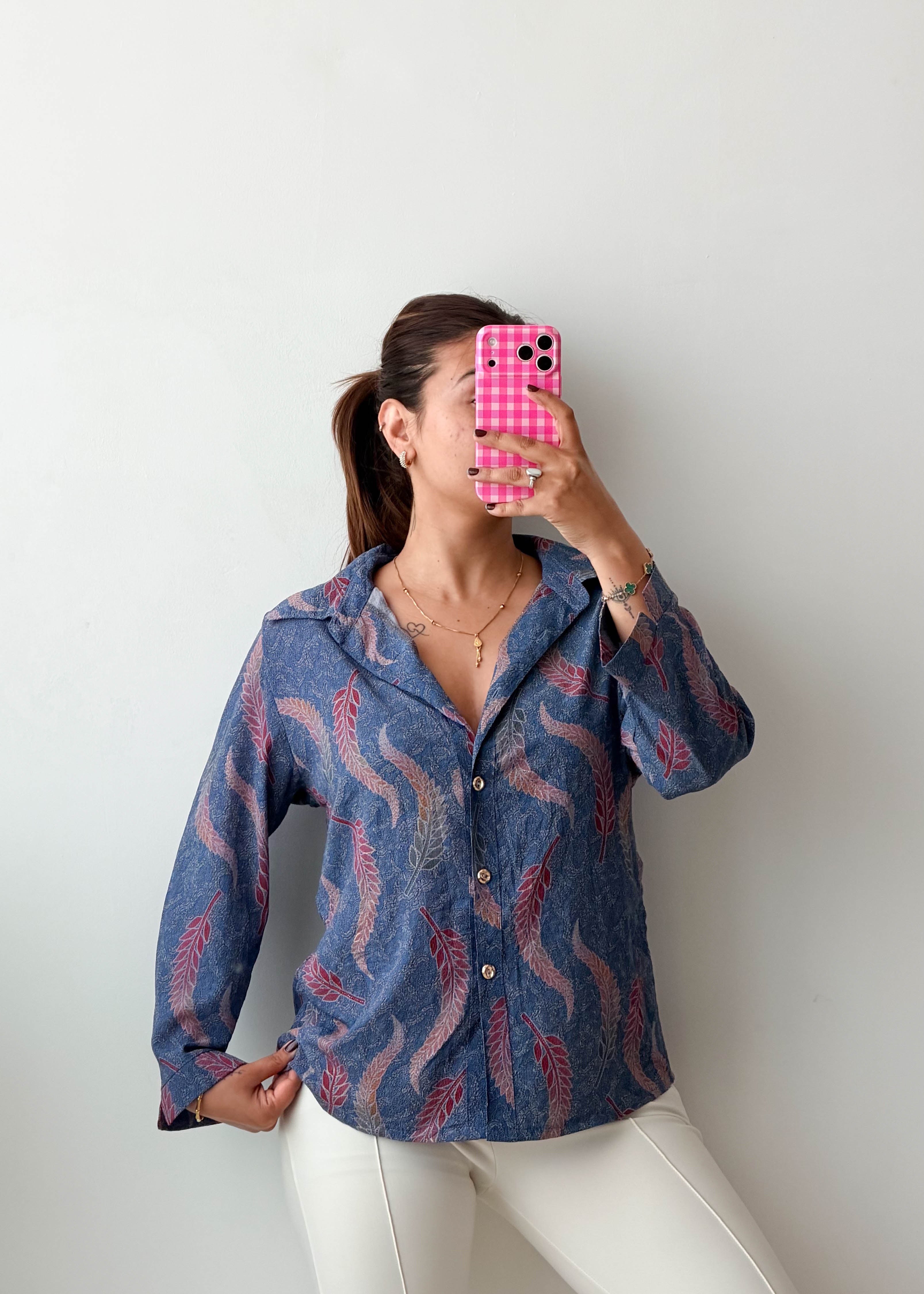 Size S-M Blue Feather Print Shirt
