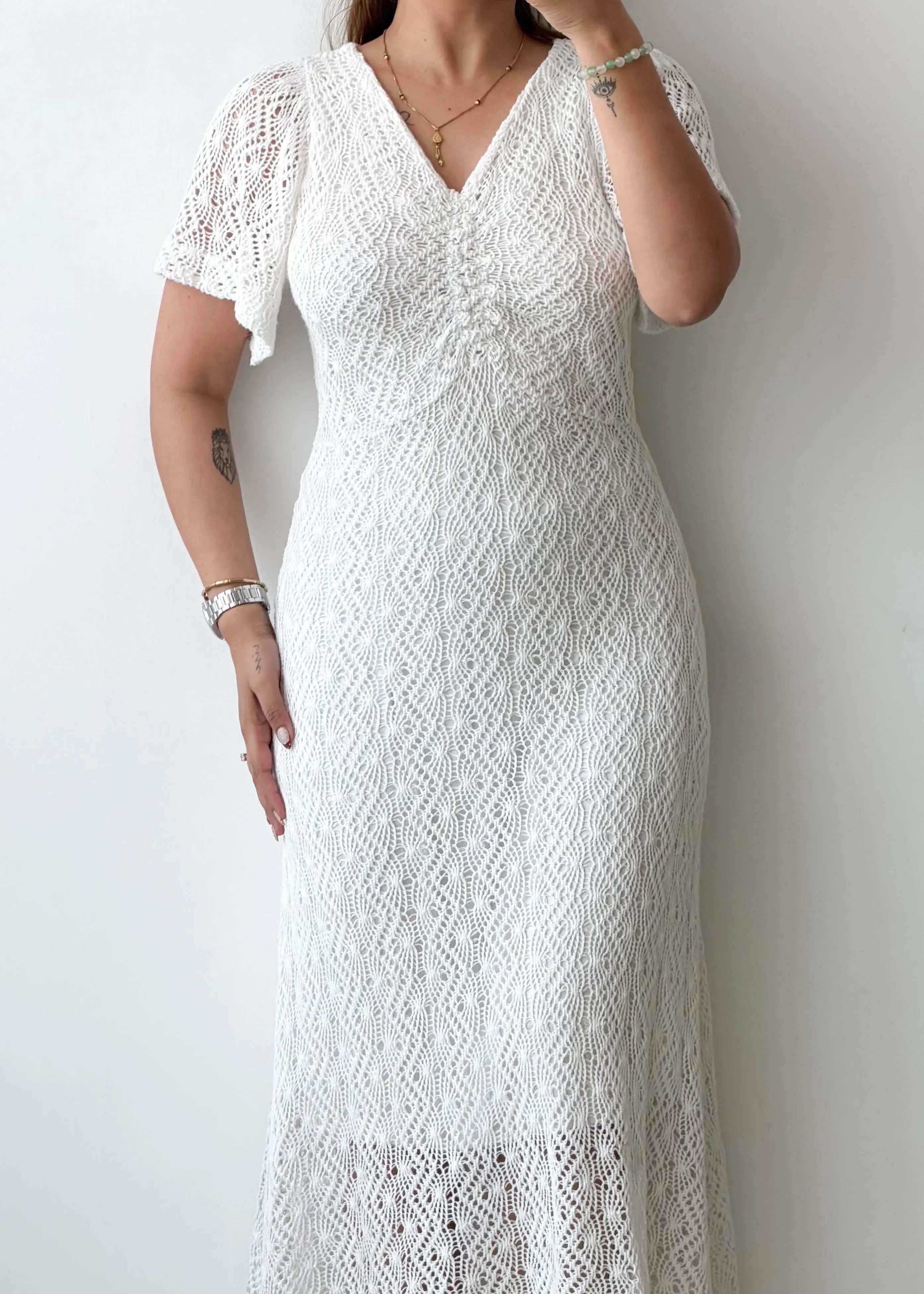 Size M, White Crochet Midi Dress