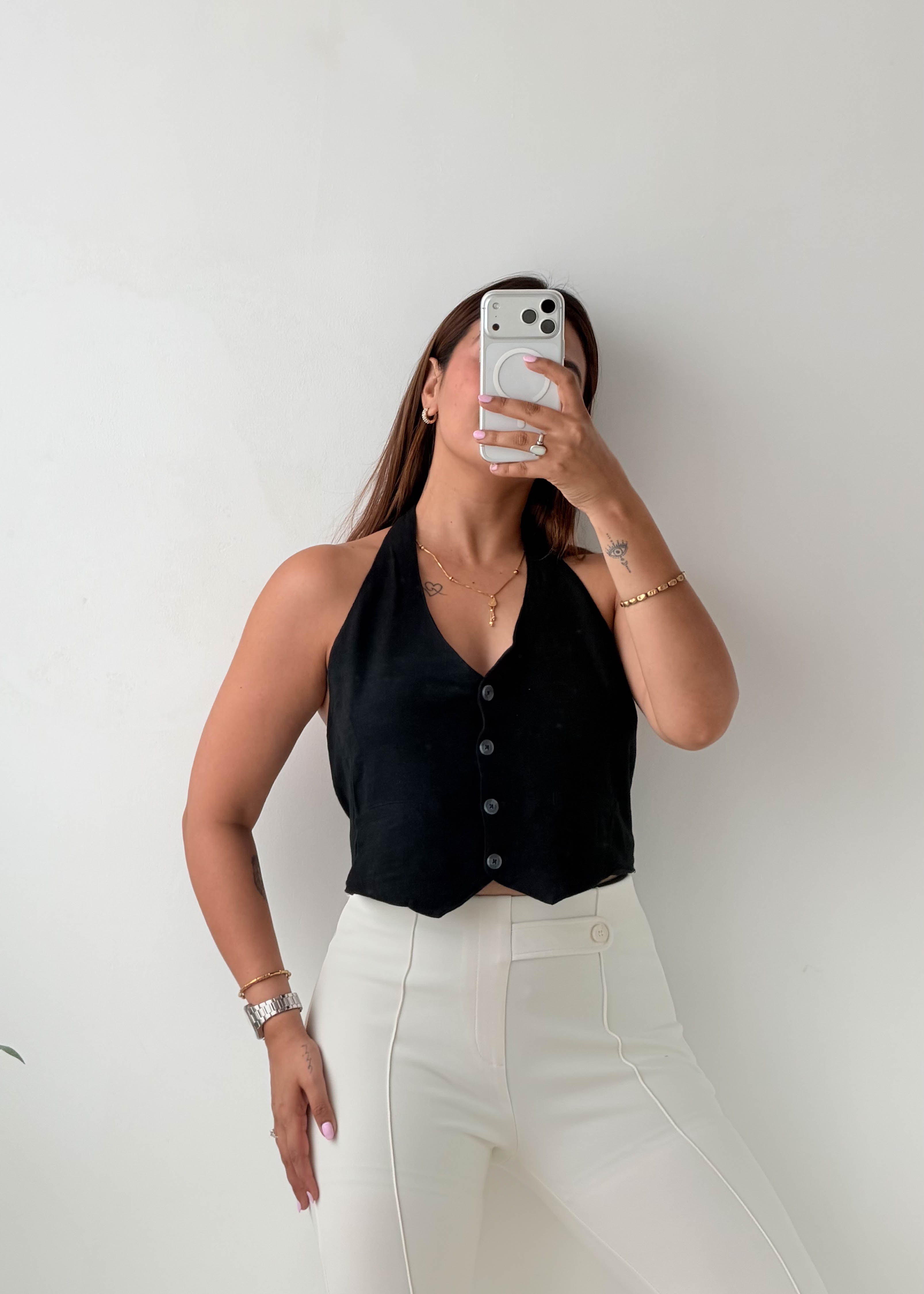 Size M-L Black Button Halter Crop Top