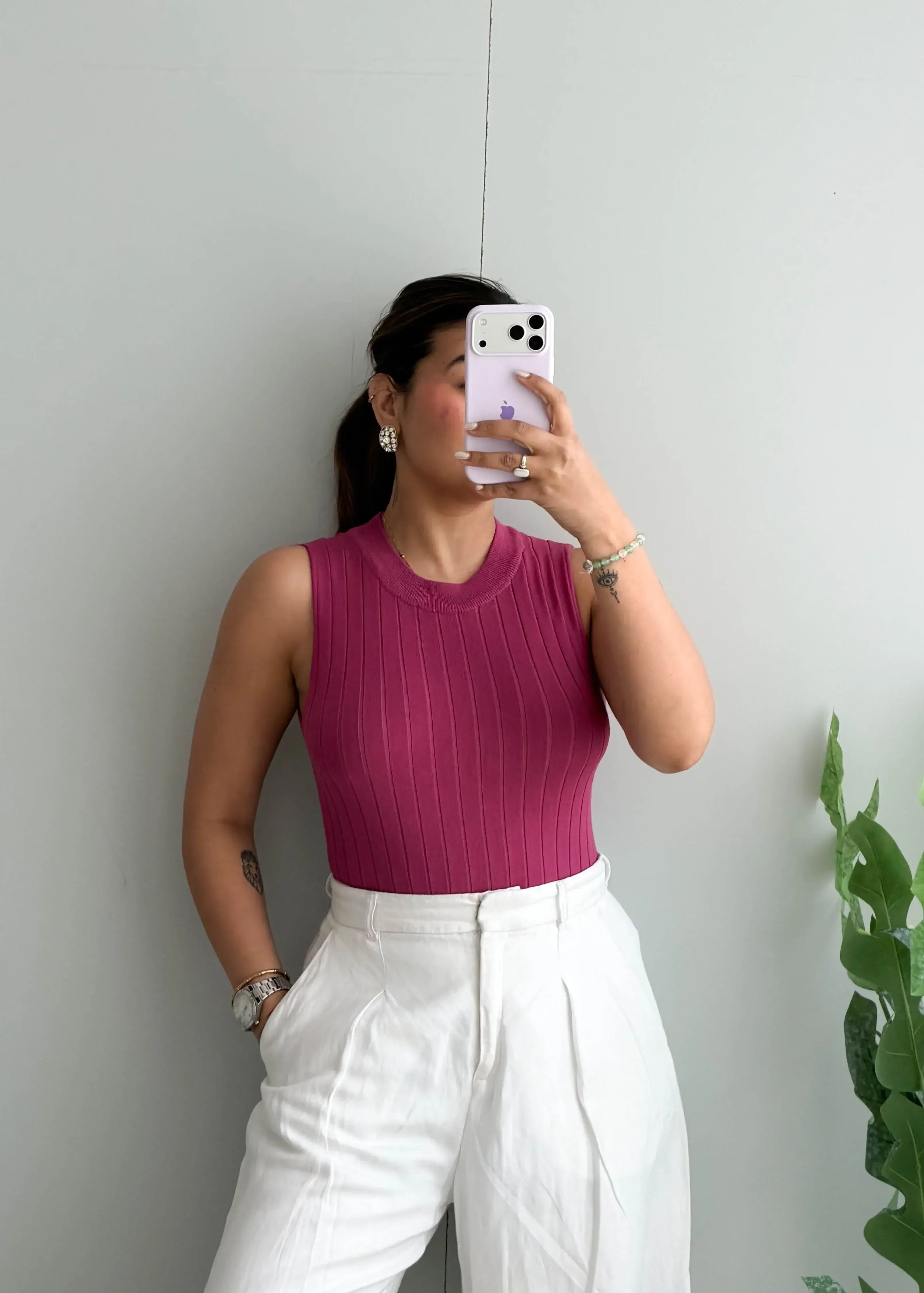 Size M-L, Magenta Ribbed Sleeveless Top - Closet by Payal