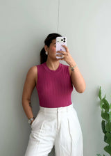 Size M-L, Magenta Ribbed Sleeveless Top - Closet by Payal