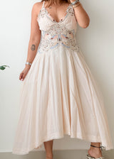 Size S-M Cream Embroidered Flared Midi Dress