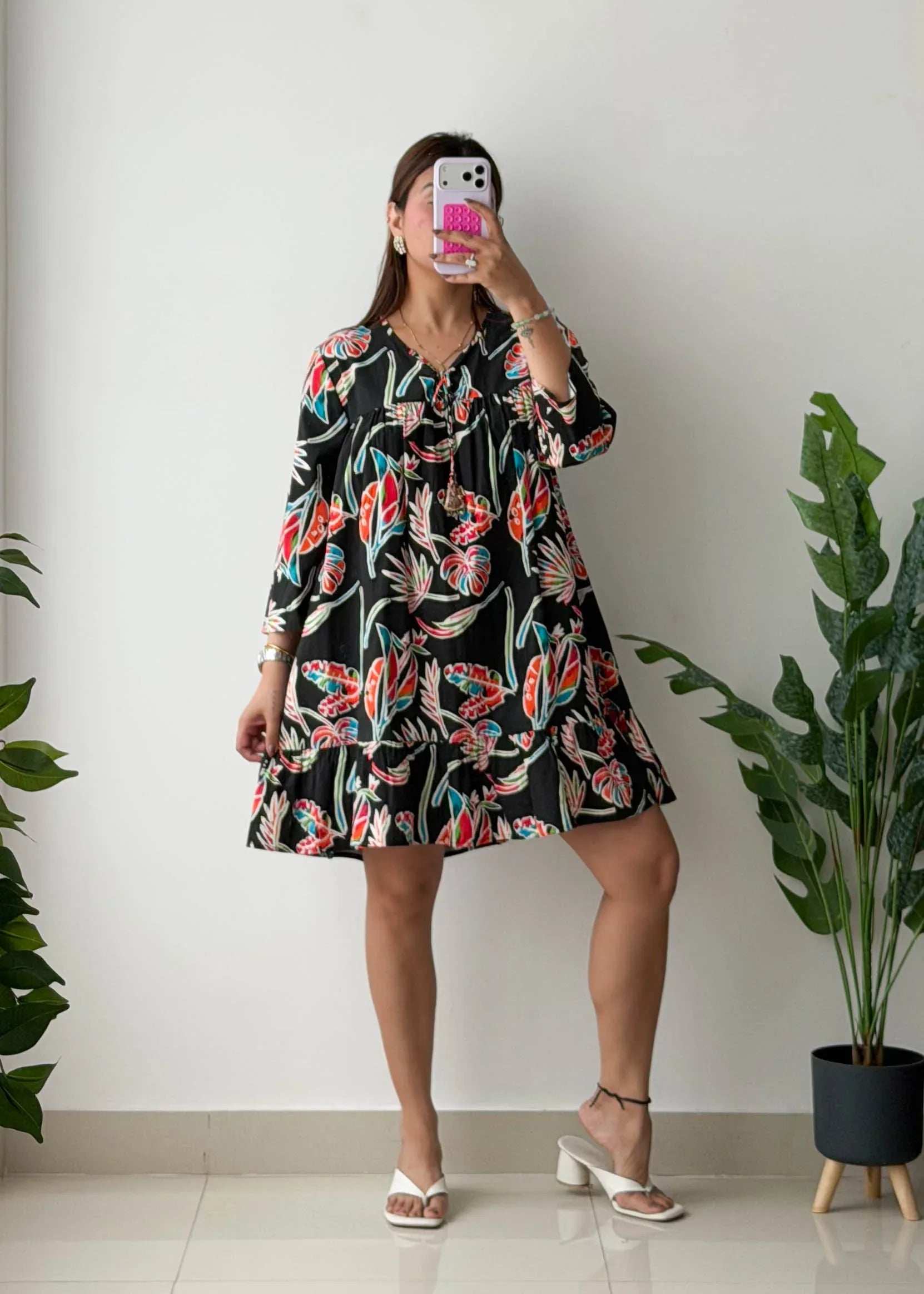 Size S-M, Black Floral Tiered Mini Dress