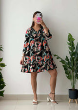 Size S-M, Black Floral Tiered Mini Dress