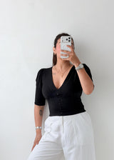 Size S-M Black Puff Sleeve Button Top