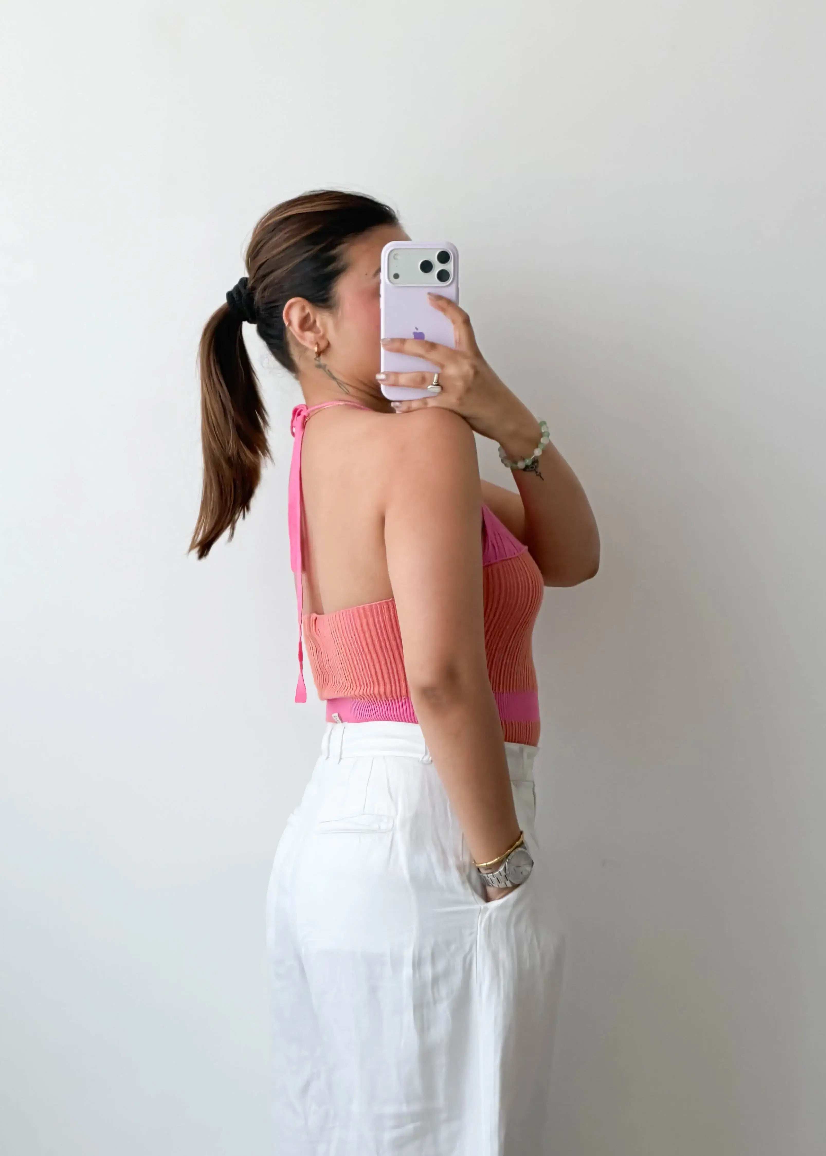 Size XS-S Pink Ribbed Halter Bodysuit