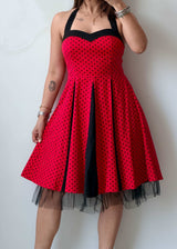 Size S-M Red & Black Cotton Polka Fit & Flare Dress