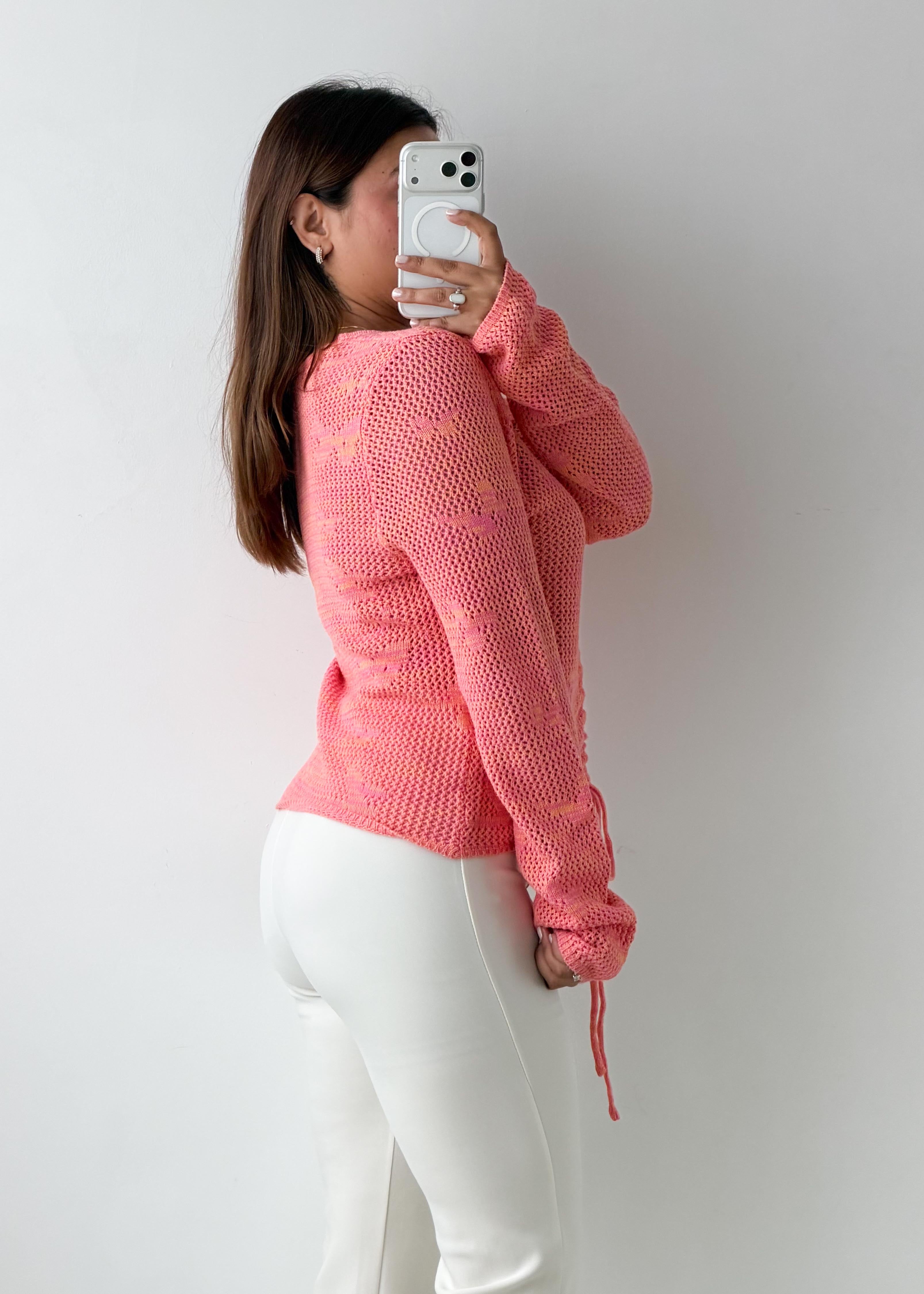 Size M-L Pink Drawstring Knit Cardigan Top