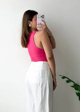 Size S-M, Hot Pink Round Neck Sleeveless Bodysuit