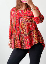 Size M-L Red Boho Print Peplum Tunic Top