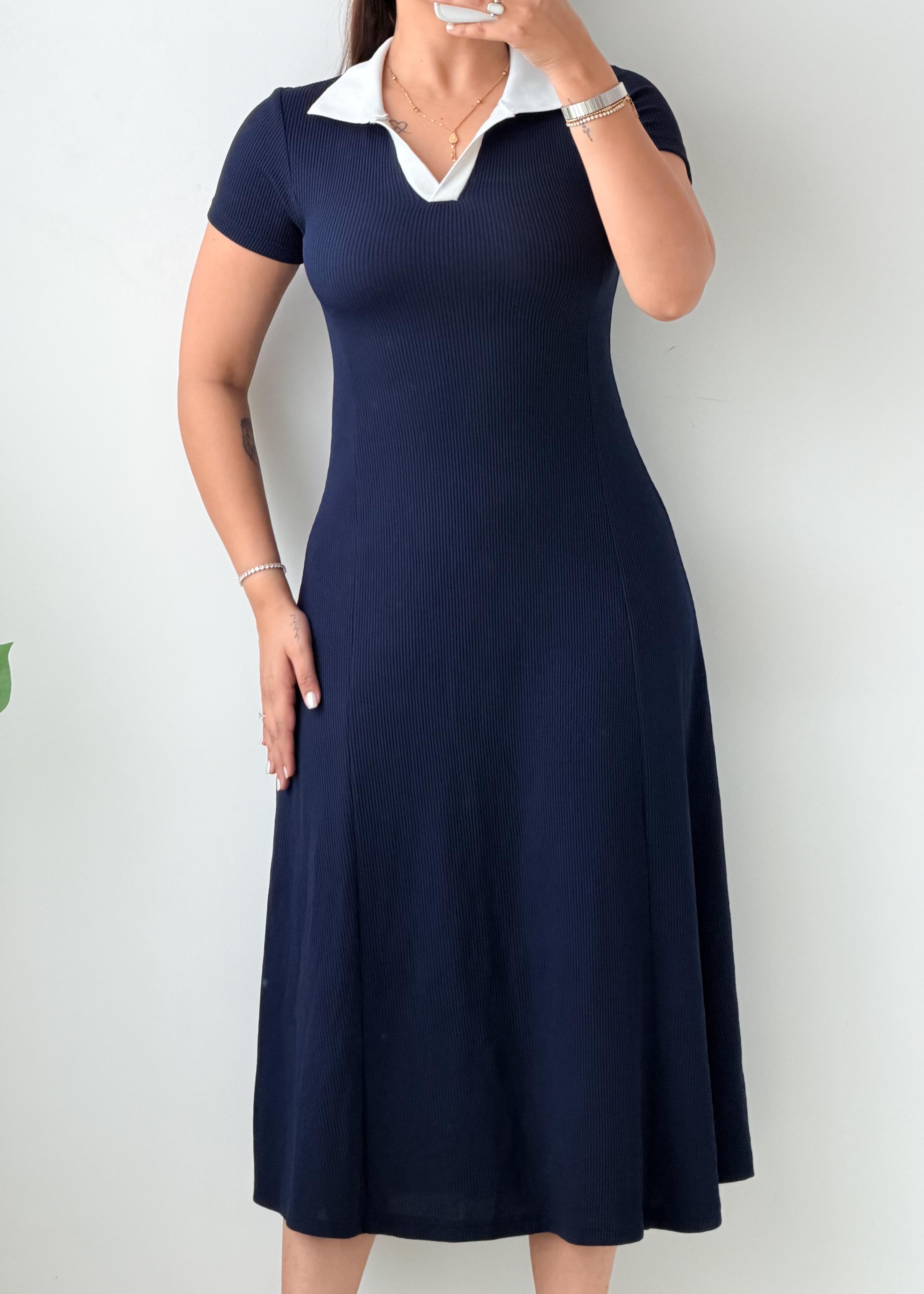 Size XS-S Navy Blue Collared Fit & Flare Midi Dress