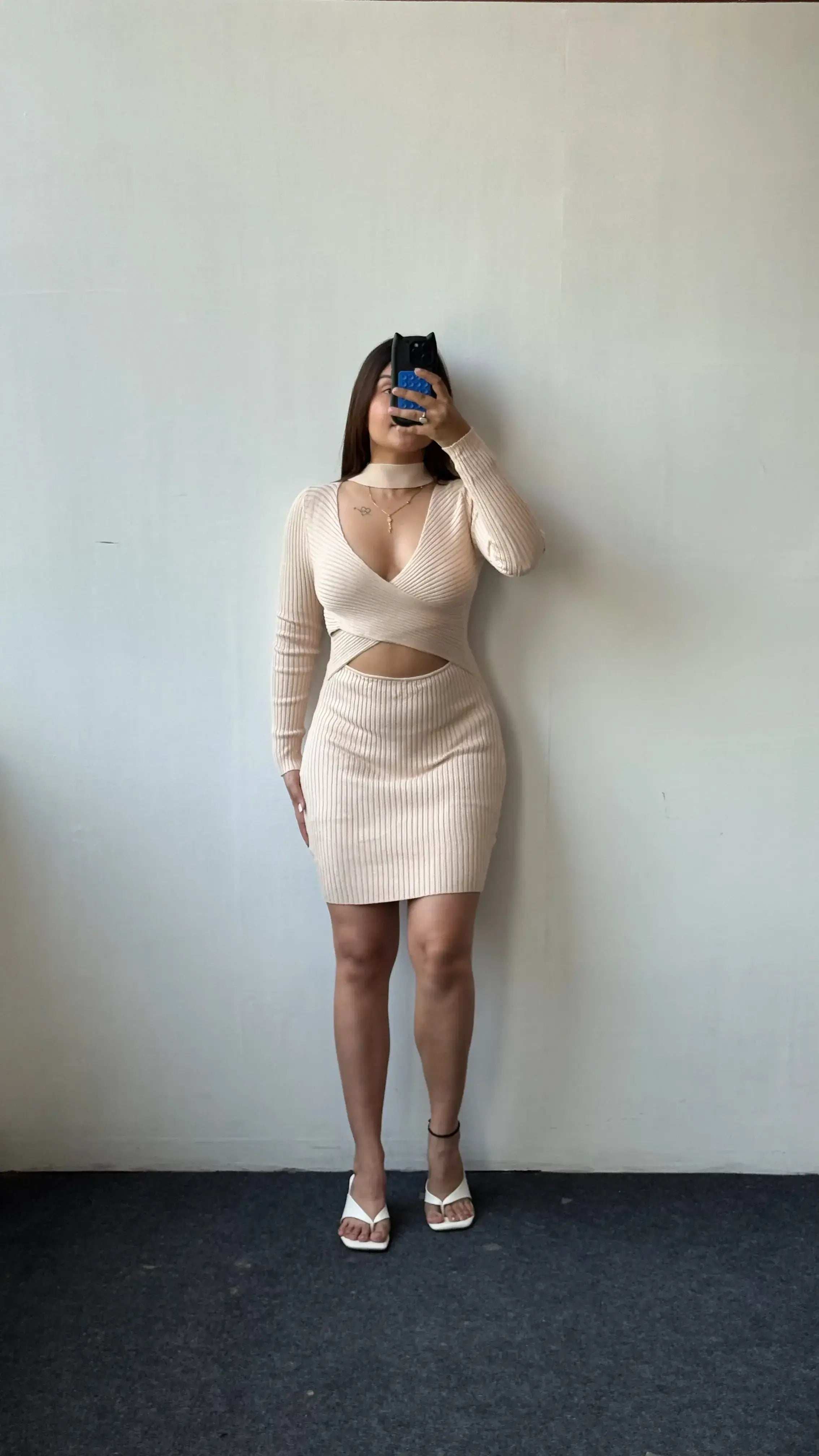 Size XS-S, Beige Wrap Style Cut-Out Mini Dress