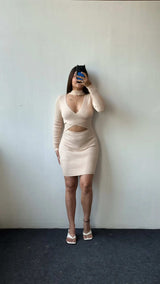 Size XS-S, Beige Wrap Style Cut-Out Mini Dress