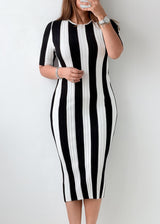 Size M-L Black & White Vertical Stripe Knit Midi Dress