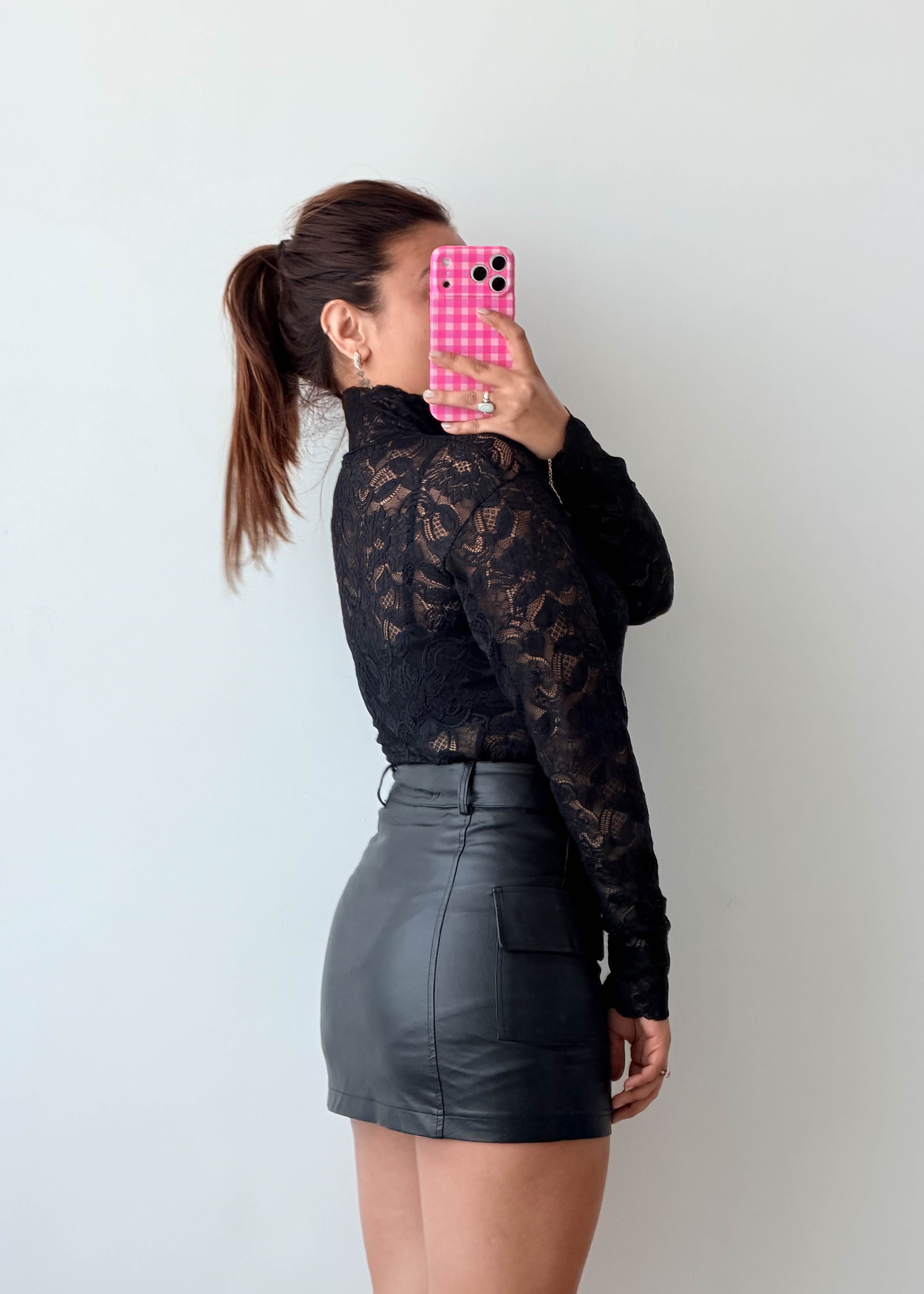 Size M Black High Neck Lace Bodysuit