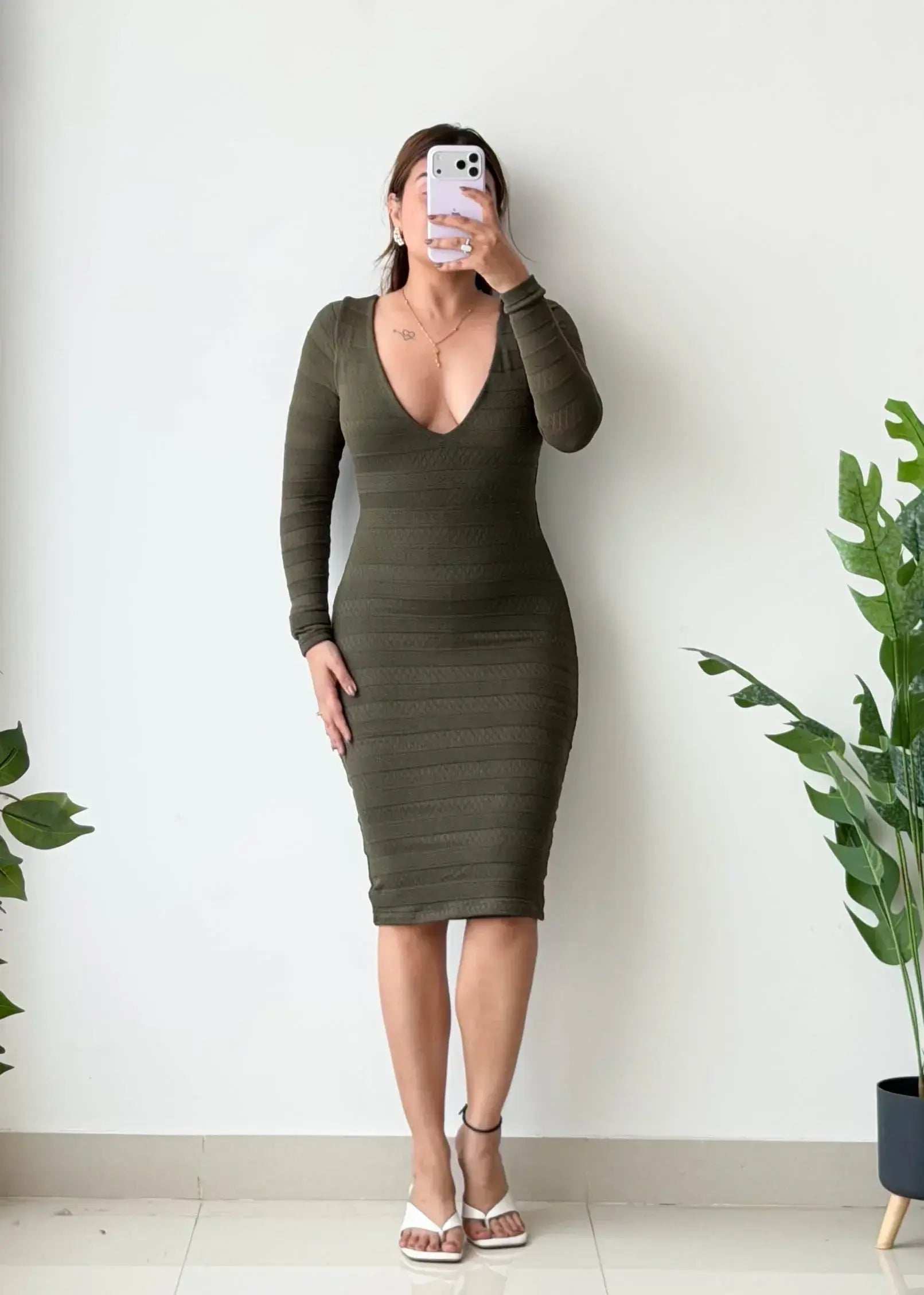 Size S-M, Olive Deep V-Neck Ribbed Midi Dress - Closet by Payal