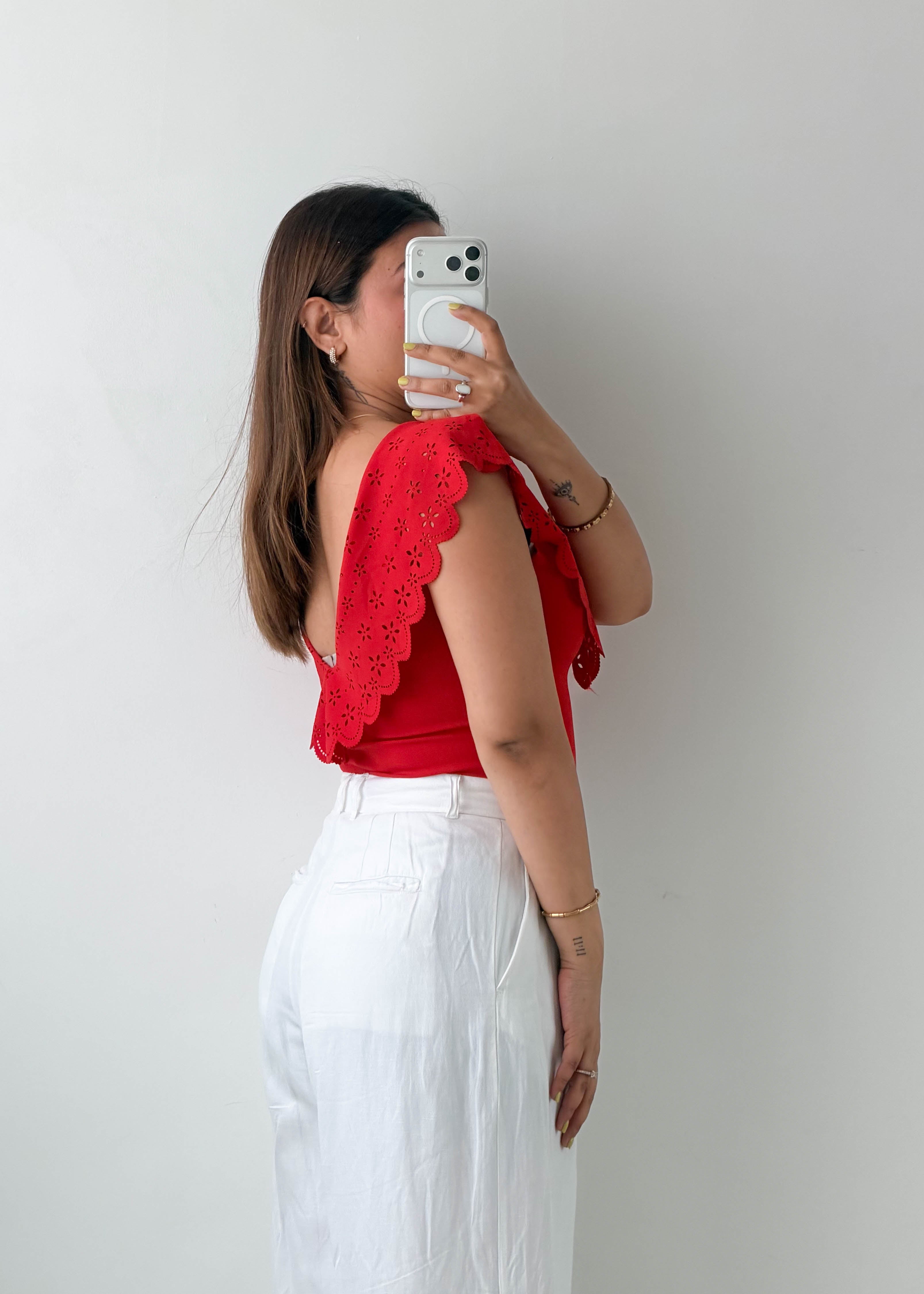 Size S-M Red Eyelet Ruffle Bodysuit