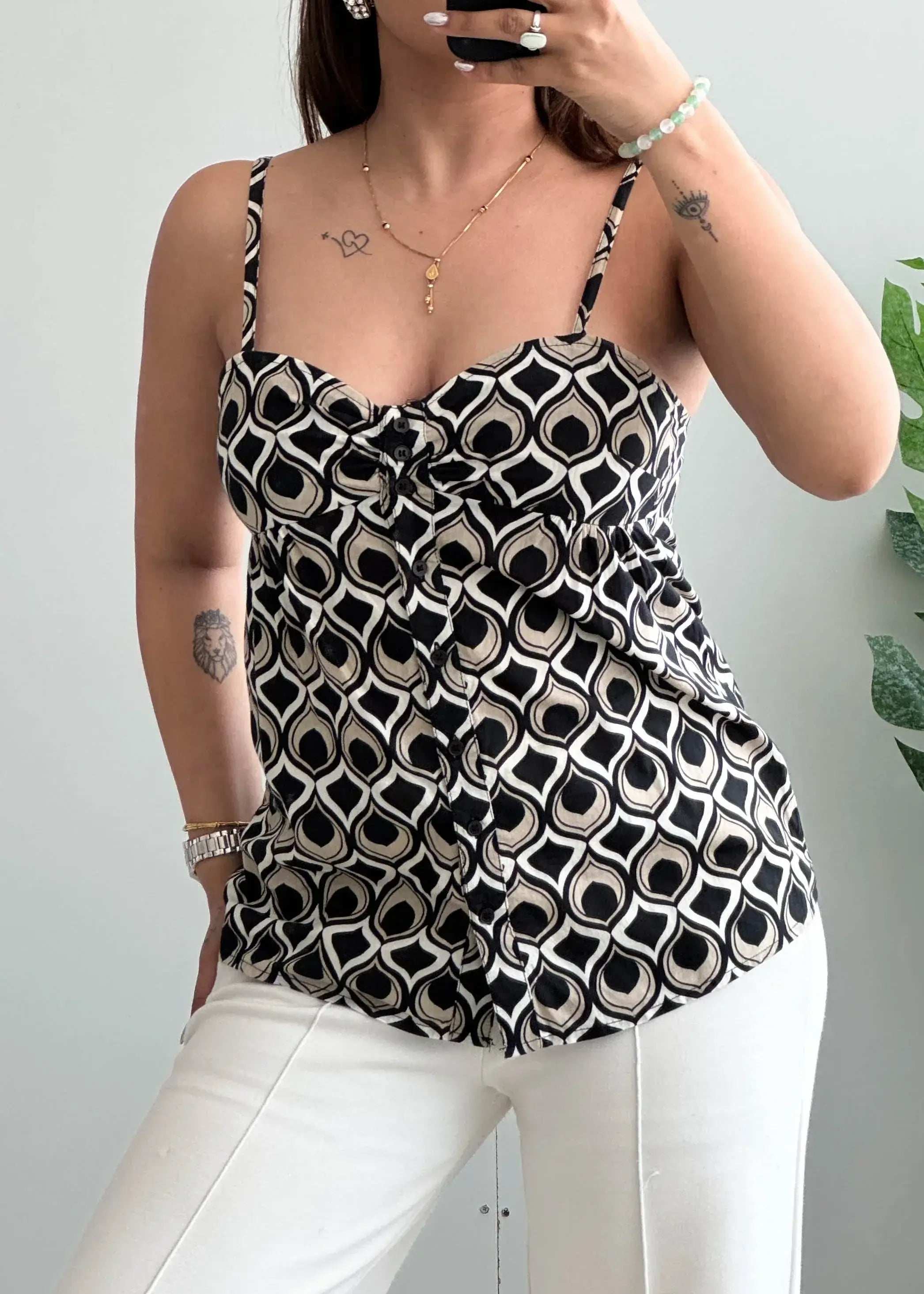 Size S-M, Black & Beige Geometric Print Cami Top for Women - Closet by Payal