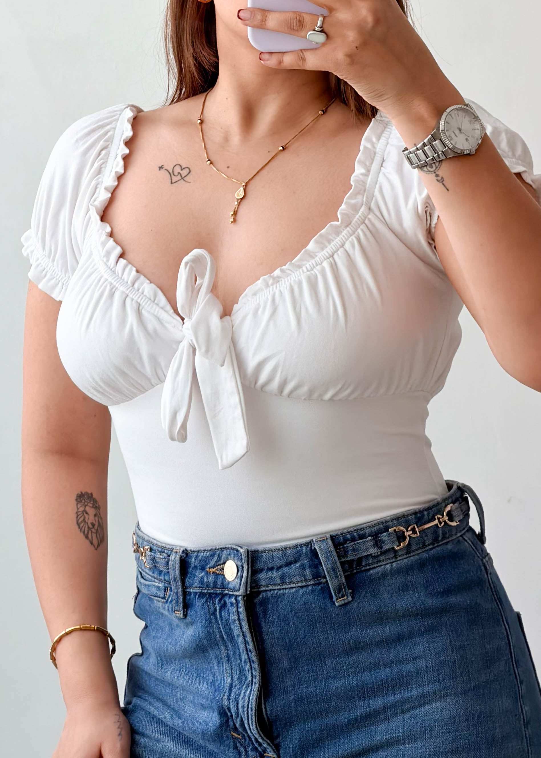 Size XS-S White Ruched Tie-Up Bodysuit