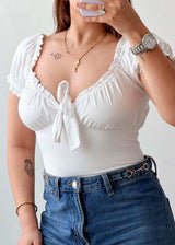 Size XS-S White Ruched Tie-Up Bodysuit