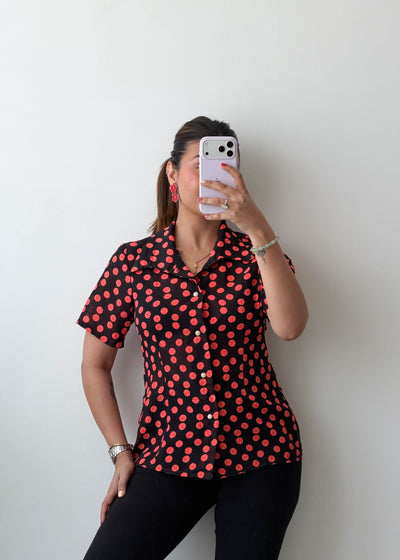 XS-S Black Red Polka Dot Viscose Crepe Shirt