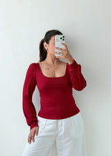 Size M-L Wine Puff Sleeve Square Neck Top