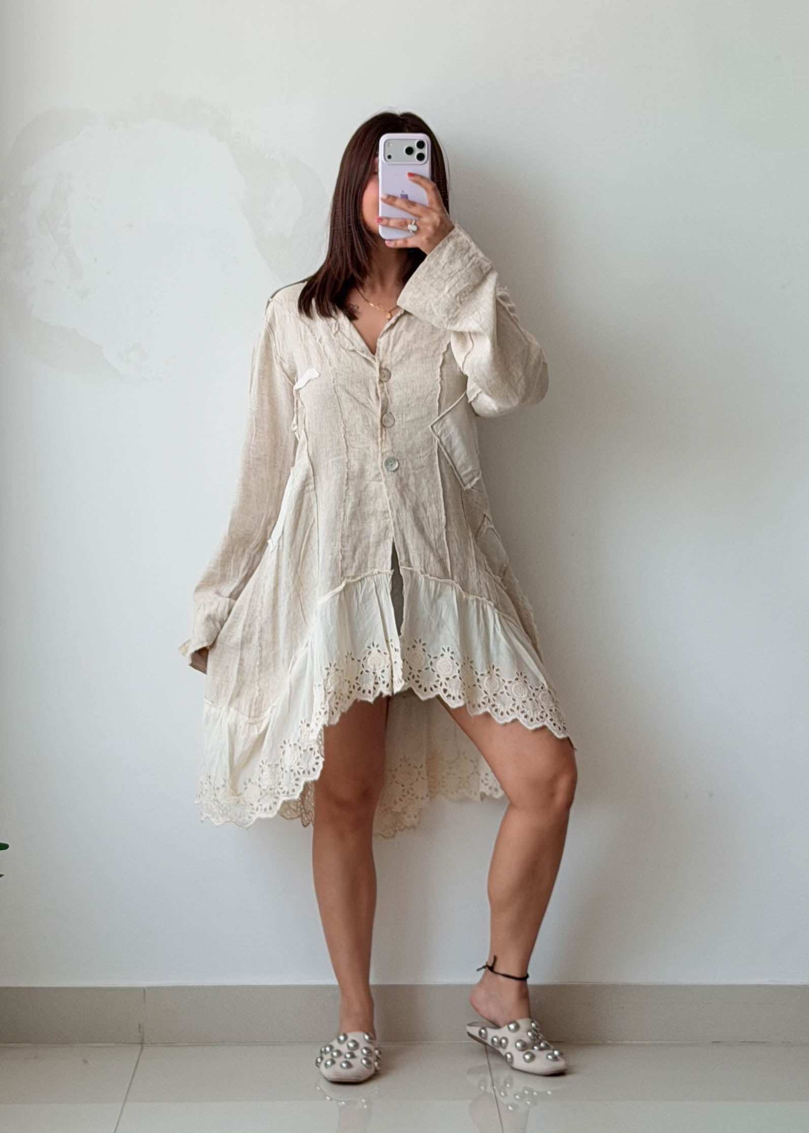 Size M-L Beige Boho Lace Hem Shrug Dress