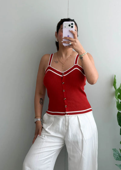 Size S-M, Red Button Front Ribbed Tank Top - Closet by Payal